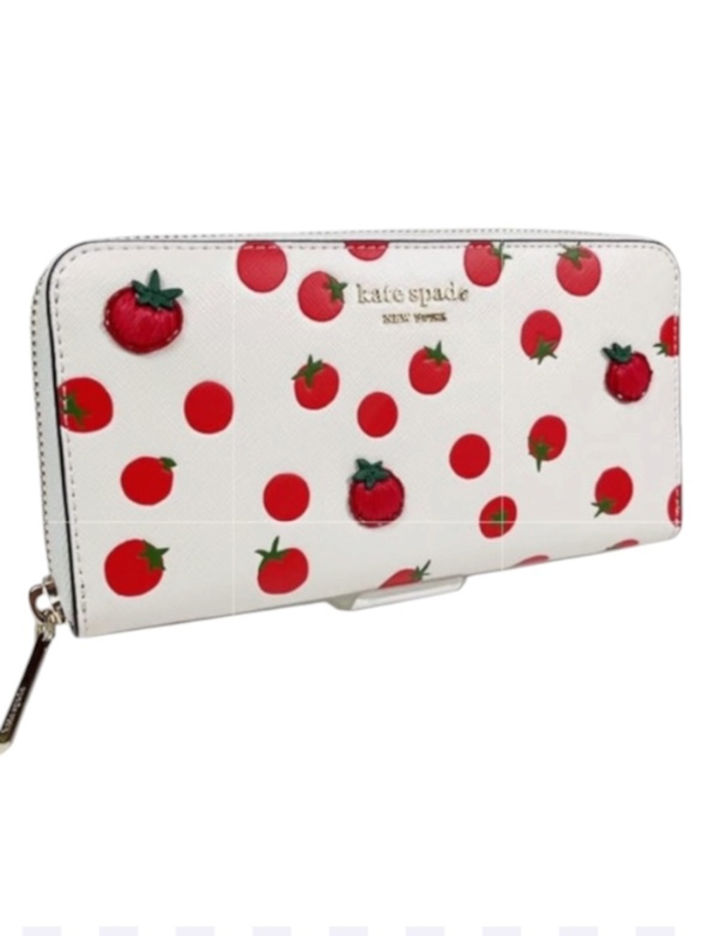 kate spade Cream Wallet with Red Tomato Print and Gold Logo